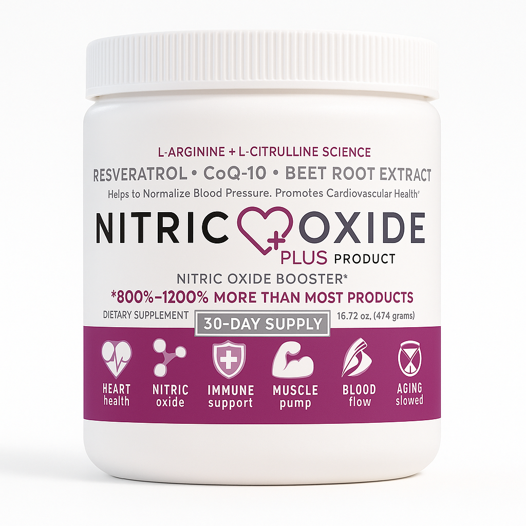 Container of Nitric Oxide Plus supplement with beet root extract.