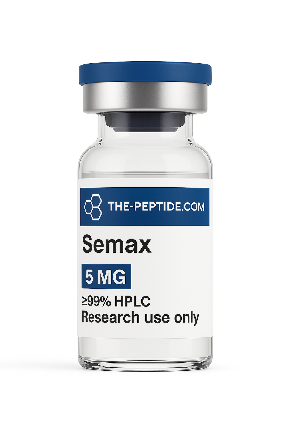 A vial labeled Semax 5 MG, for research use only.