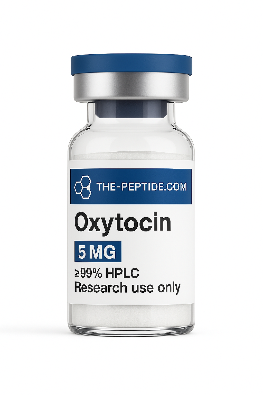 Vial of 5MG Oxytocin powder labeled for research use only.
