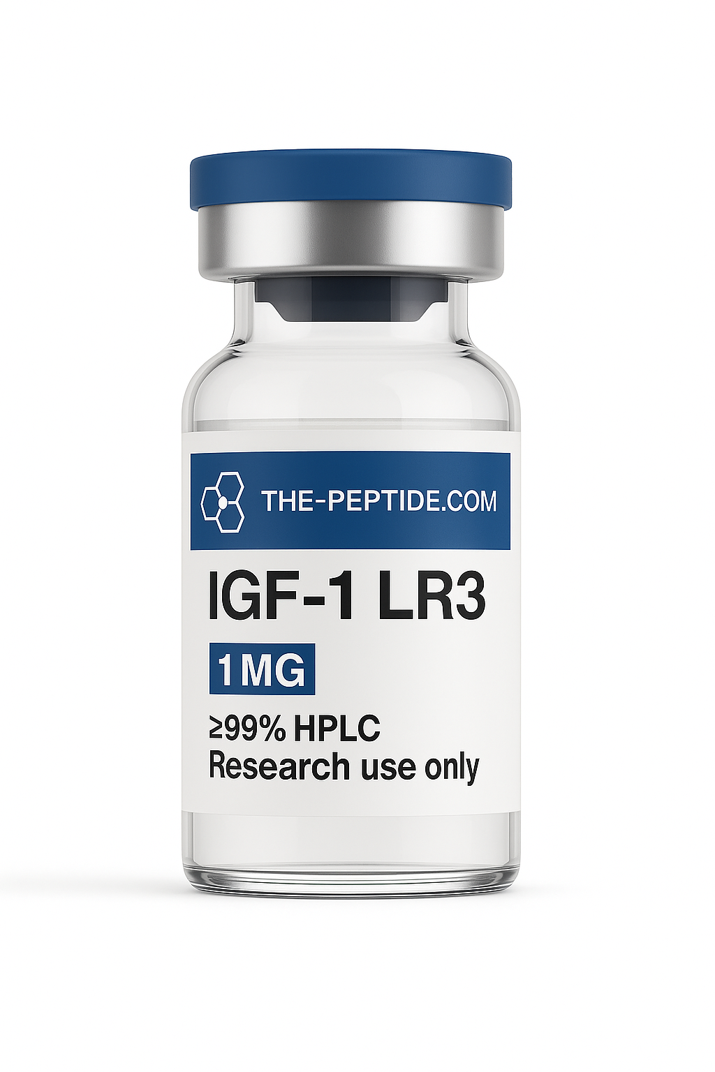 Vial of IGF-1 LR3 peptide for research use, 1mg purity ≥99%.