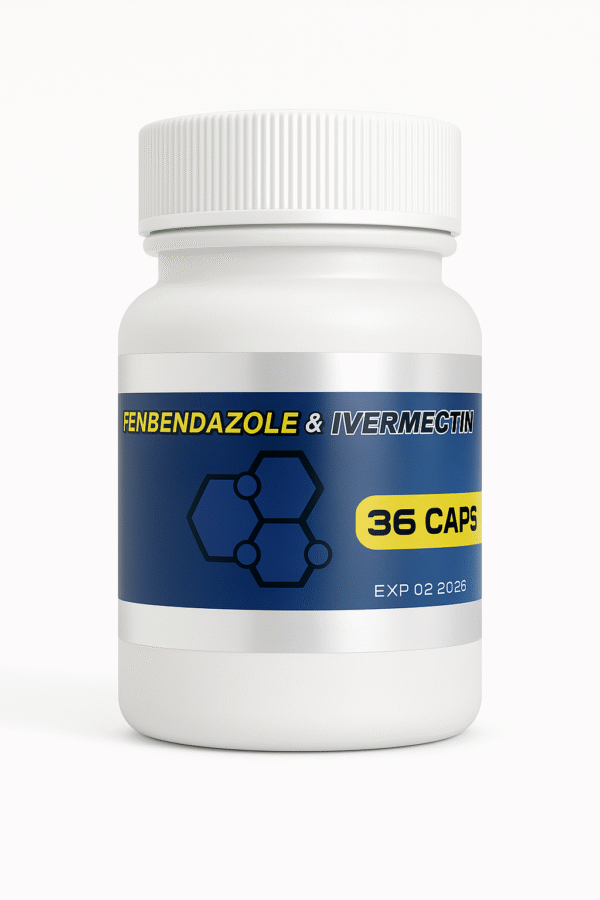 Bottle of Albendazole & Ivermectin capsules for medical use.